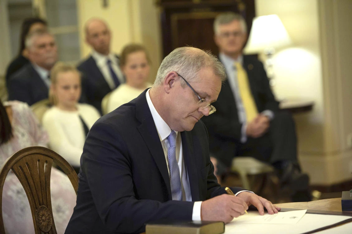Incoming Australian Prime Minister, Scott Morrison is sworn in at Government House, Canberra, Thursday, Aug. 24, 2018. (AP)