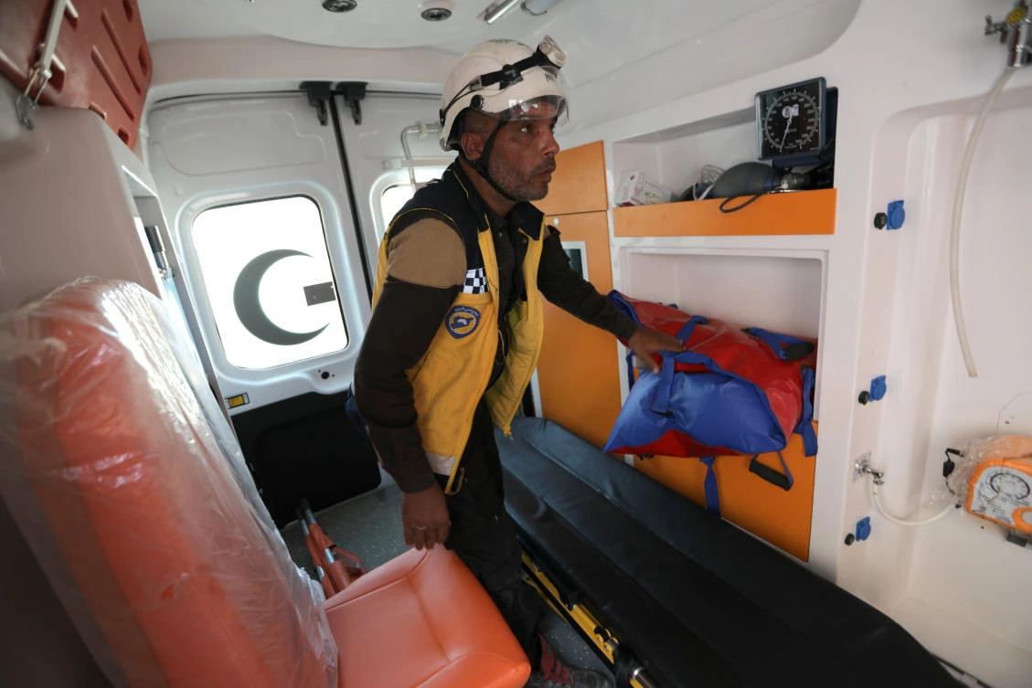Syrian rescue worker Samir Salim is seen in an ambulance during an interview with Reuters in Azaz, Syria July 8, 2018. (Reuters)