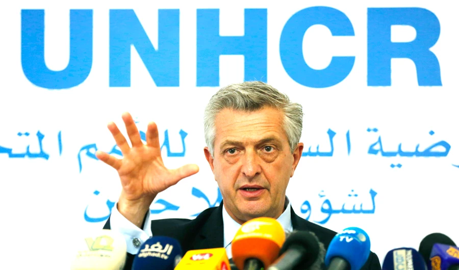 Filippo Grandi addresses a press conference in Beirut on Friday. (AP)