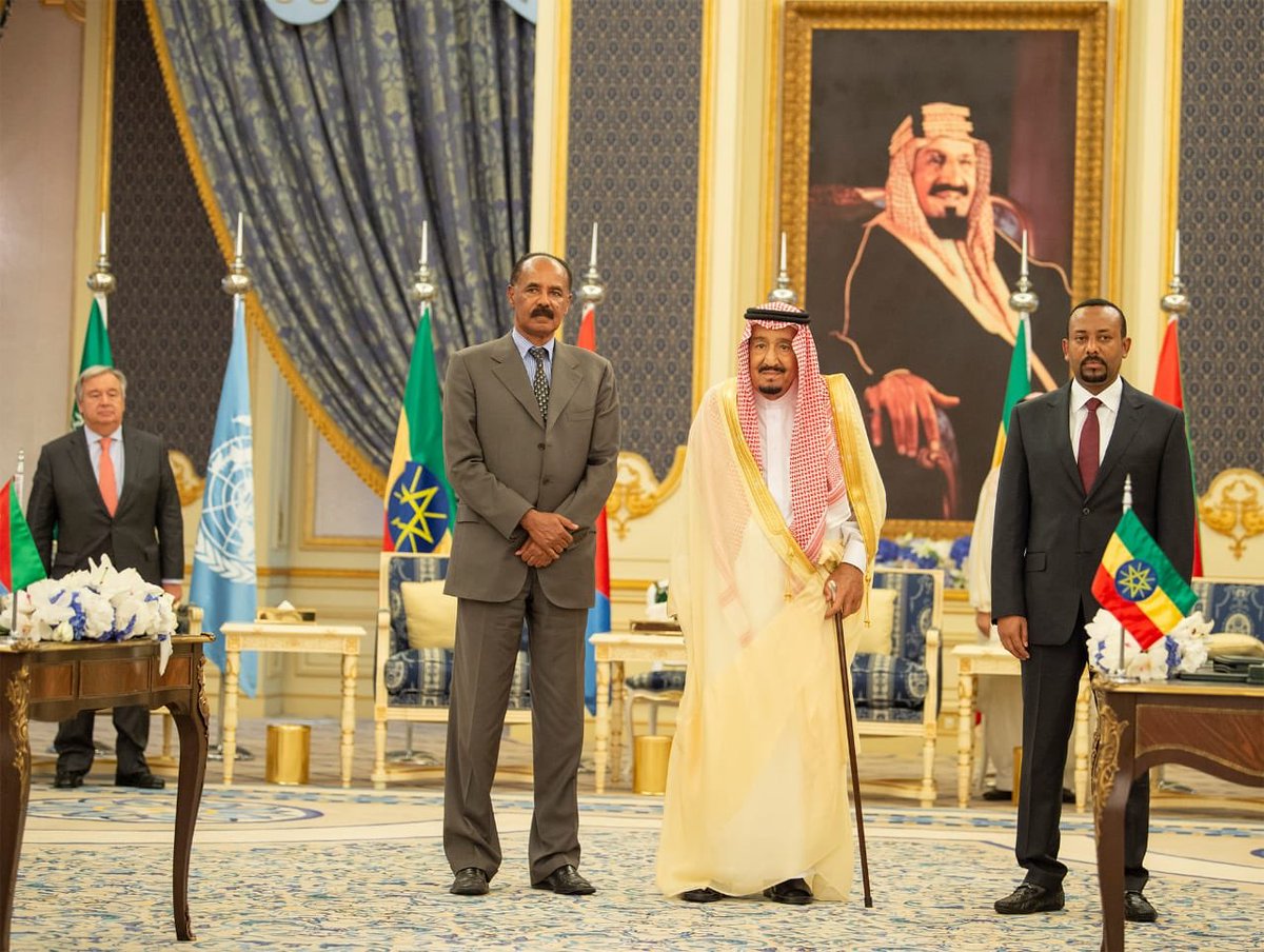 Saudi Arabia’s King Salman, Eritrean President Isaias Afwerki and Ethiopia’s Prime Minister Abiy Ahmed in Jeddah. (SPA)