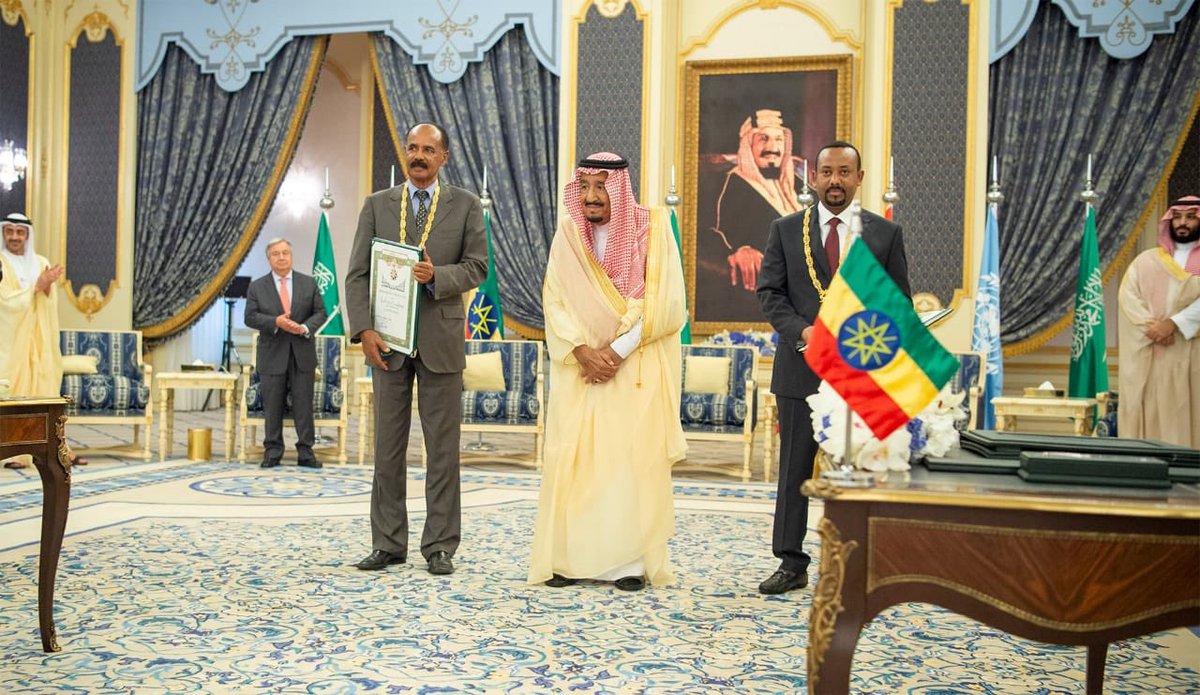 Saudi Arabia’s King Salman, Eritrean President Isaias Afwerki and Ethiopia’s Prime Minister Abiy Ahmed in Jeddah. (SPA)