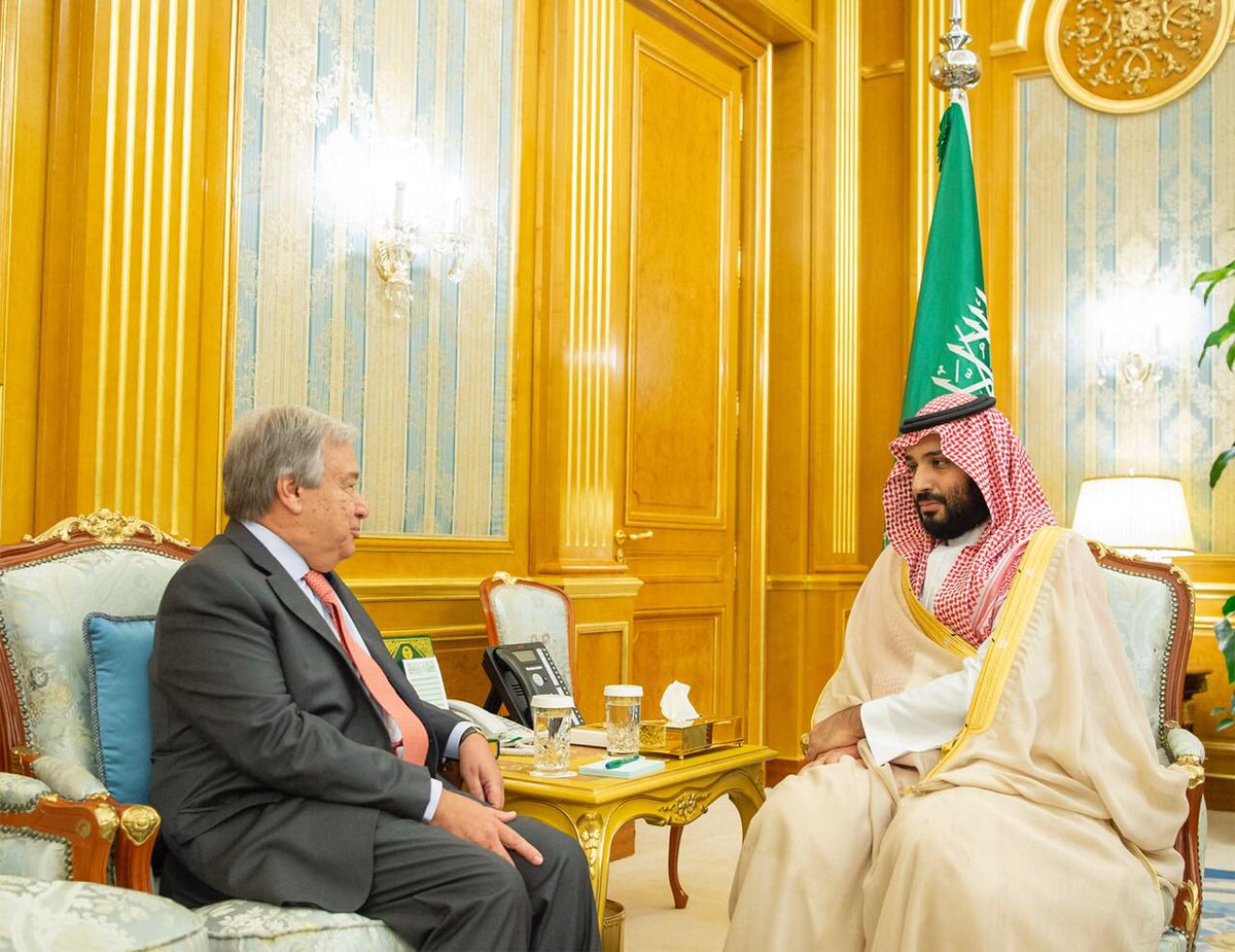 Saudi Arabia' Crown Prince Mohammed bin Salman receives UN Secretary-General Antonio Guterres in Jeddah. (SPA)