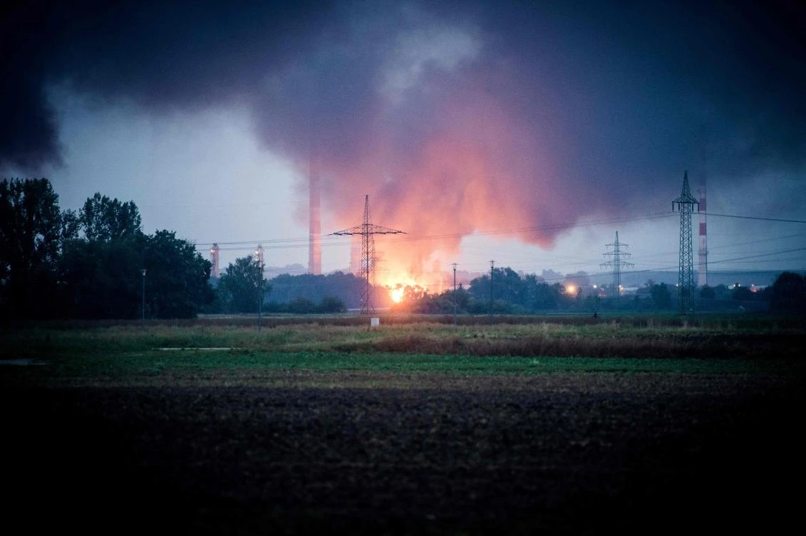 General view shows the fire on the site of a refinery of Bayernoil company where an explosion took place on early September 01, 2018 in Vohburg an der Donau near the Bavarian town of Ingolstadt. (AFP)