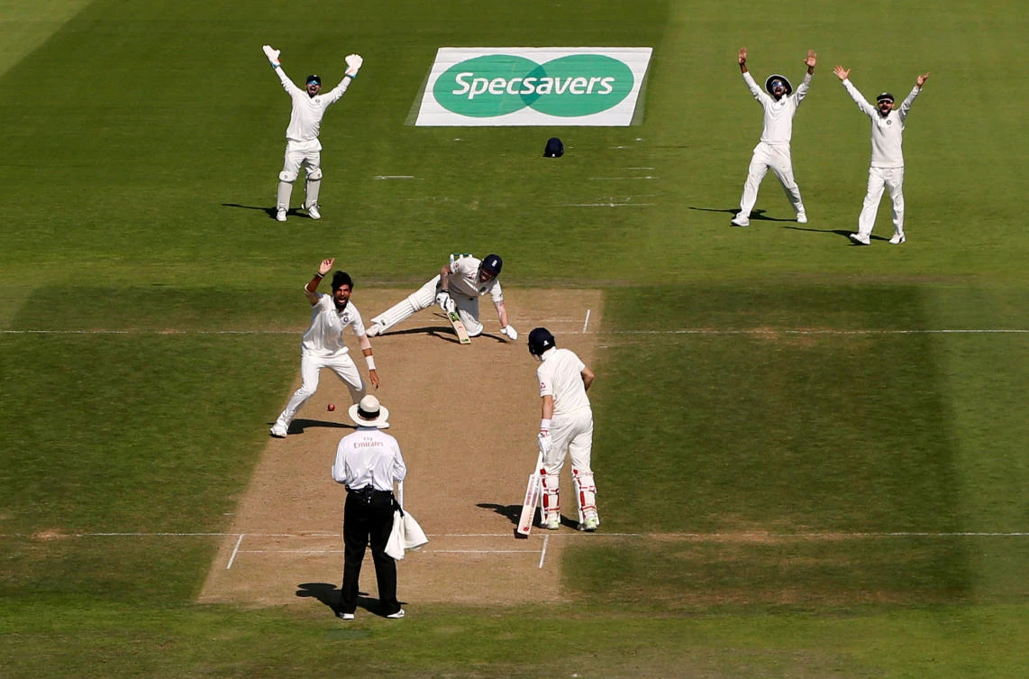 India players appeal for an LBW against England's Ben Stokes, as England dug in for a strong lead. (Action Images via Reuters)