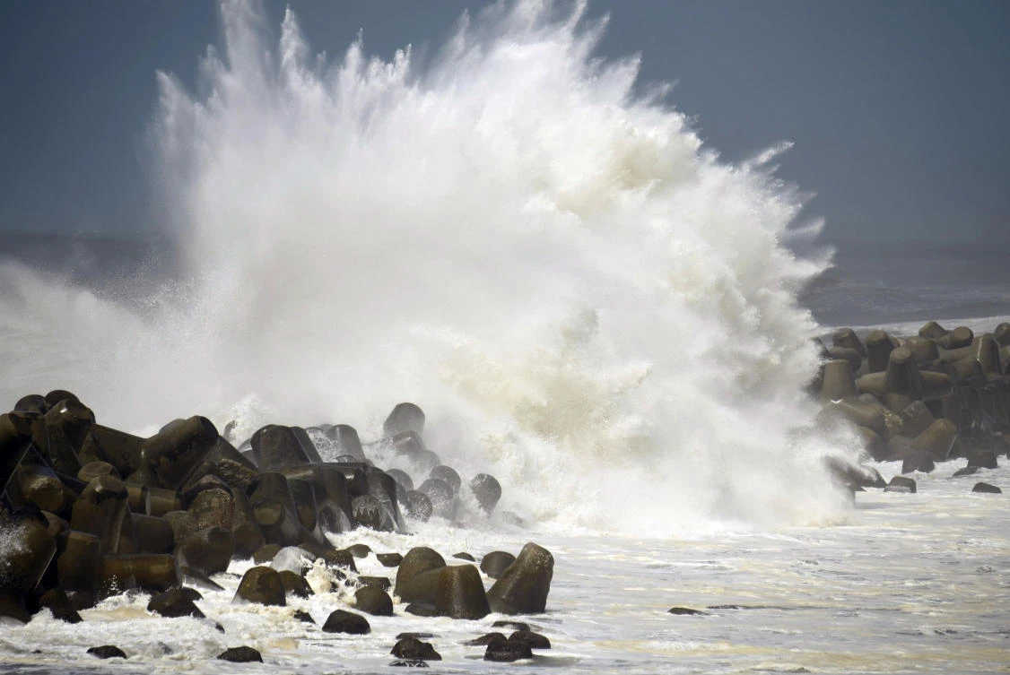 High wave hits a breakwater in Aki city, Kochi prefecture, western Japan as typhoon Cimaron approaches the area. (AP)
