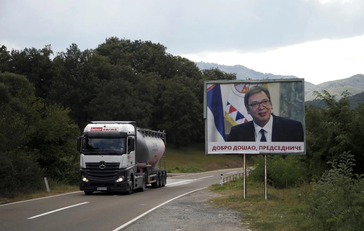 A billboard showing Serbian President Aleksandar Vucic reads ‘Welcome, President’ near the ethnic Serbian village of Lesak in northern Kosovo. Vucic has refused to meet with his Kosovo counterpart Hashim Thaci in Brussels despite being scheduled for EU-mediated talks. (AP Photo)