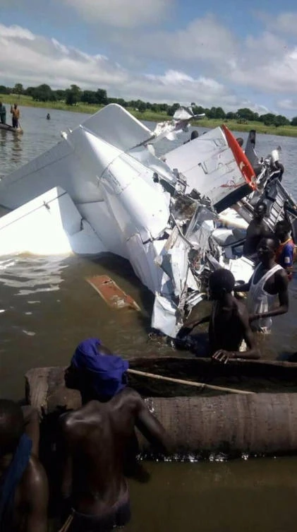 A crashed plane is seen in Lakes State, South Sudan September 9, 2018 in this picture obtained from social media. (Reuters)
