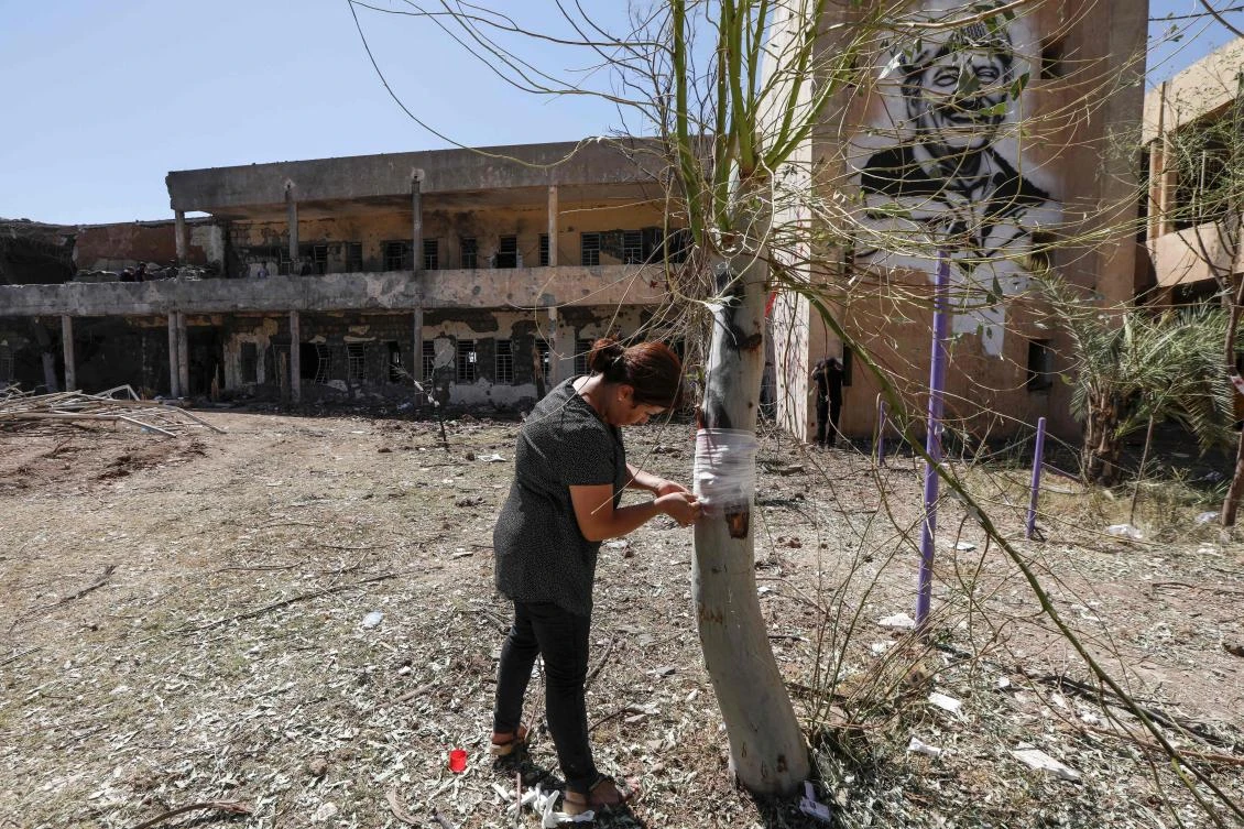 An Iranian Kurdish Peshmerga member of the Kurdistan Democratic Party of Iran (KDPI) applies a bandage to a hole in a tree made by shrapnel from a rocket attack days earlier at the party's headquarters in Koysinjaq, 100 kilometres east of the capital of the northern Iraqi Kurdish autonomous region Arbil, on September 12, 2018. (AFP)