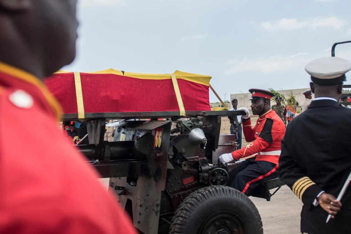 Members of an honour guard ride on a gun carriage carrying the coffin of Kofi Annan during the funeral ceremony of the Ghanaian diplomat and former Secretary-General of United Nations, at The Burma Camp military cemetery in Accra on September 13, 2018, after he died on August 18 at the age of 80 after a short illness. (AFP)