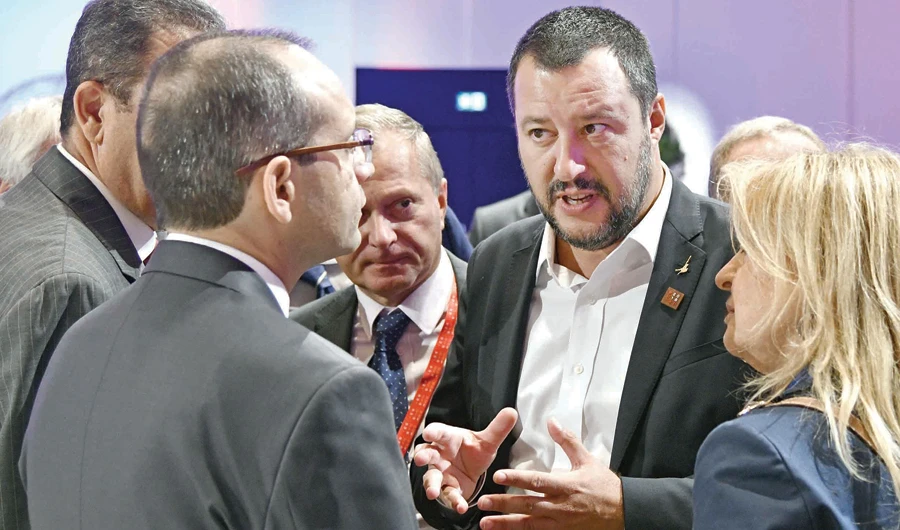 Italian Interior Minister Matteo Salvini with Tunisia’s Interior Minister Hichem Fourati during a migration conference in Vienna. (AFP)