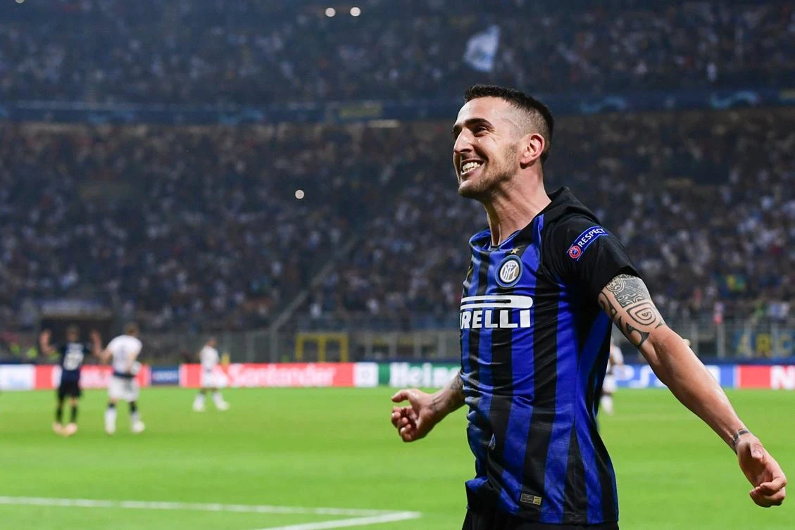 Inter Milan’s Uruguayan midfielder Matias Vecino celebrates after a last minute winning header during the UEFA Champions League match between Inter Milan and Tottenham at the San Siro stadium in Milan. (AFP)
