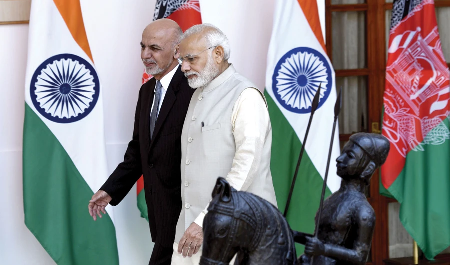 Indian Prime Minister Narendra Modi, right, with Afghan President Mohammad Ashraf Ghani at Hyderabad House in New Delhi on Wednesday. (AFP)
