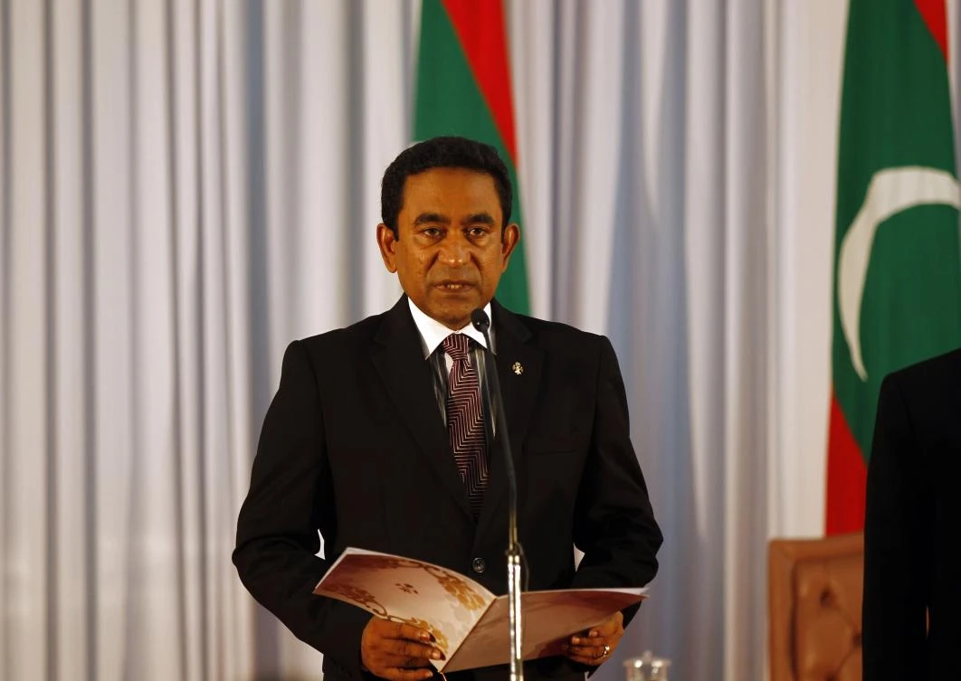 In this Nov. 17, 2013, file photo, Maldives' newly elected President Yaamin Abdul Gayoom recites the oath during his inauguration in Male, Maldives. (AP)