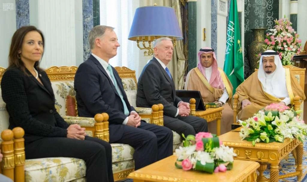 The US Chargé d’Affaires to Saudi Arabia Christopher Henzel seen here during a visit by James Mattis to Saudi Arabia. (SPA/File Photo)