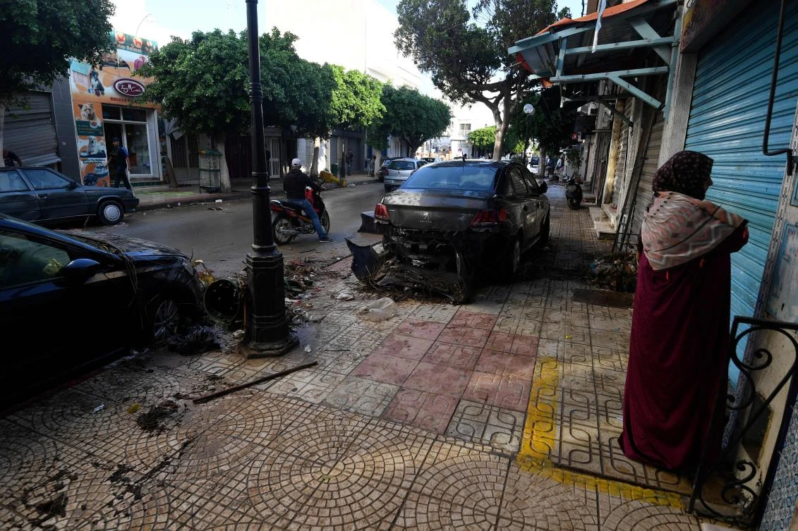 A picture taken on September 23, 2018, in the Tunisian coastal town of Nabeul shows debris filled streets in the town center following deadly flash flooding. (AFP)