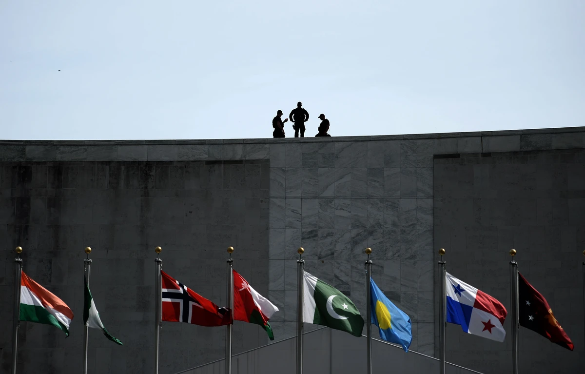 In this file photo taken on September 21, 2016 security guards are seen on the UN building roof at the UN General Assembly in New York. (AFP)