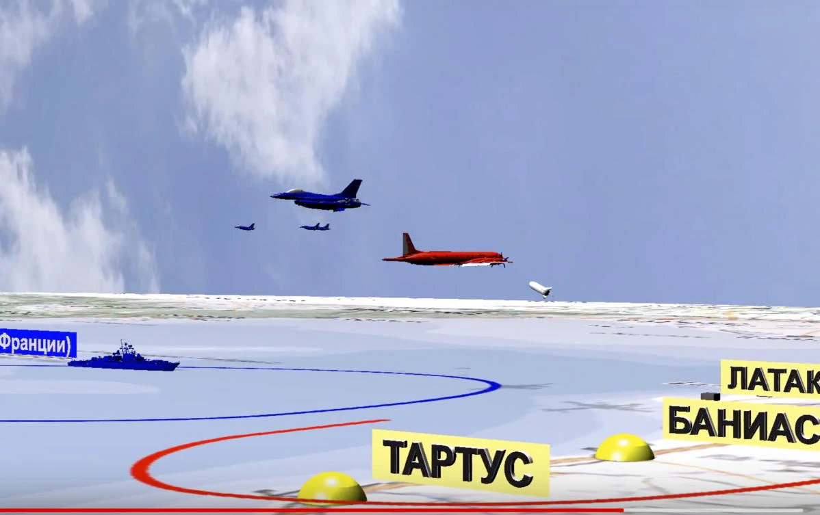 A computer simulation released by the Russian Defense Ministry, Sunday, Sept. 23, 2018, purports to show Israeli jets near to the Russian reconnaissance plane shown in red, off Syria’s coast before it was accidentally shot down by Syria forces responding to an Israeli air strike. (Russian Defense Ministry Press Service via AP)