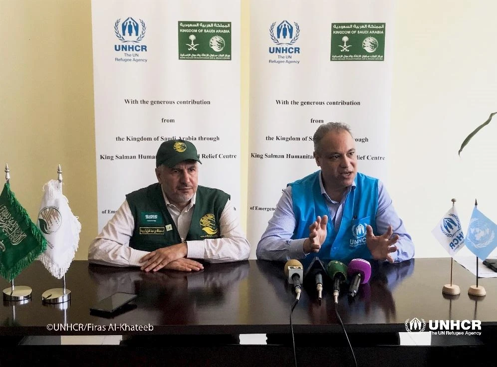 Dr. Abdullah Al Rabeeah, Supervisor General of KSRelief, and Khaled Khalifa, UNHCR Regional Representative to the GCC Countries at a press conference. (File photo / UNHCR)