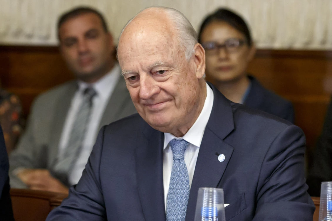UN Special Envoy of the Secretary-General for Syria Staffan de Mistura attends a meeting on creating a committee to help draft a new constitution for Syria, at the European headquarters of the United Nations in Geneva on September 11, 2018. (AFP)