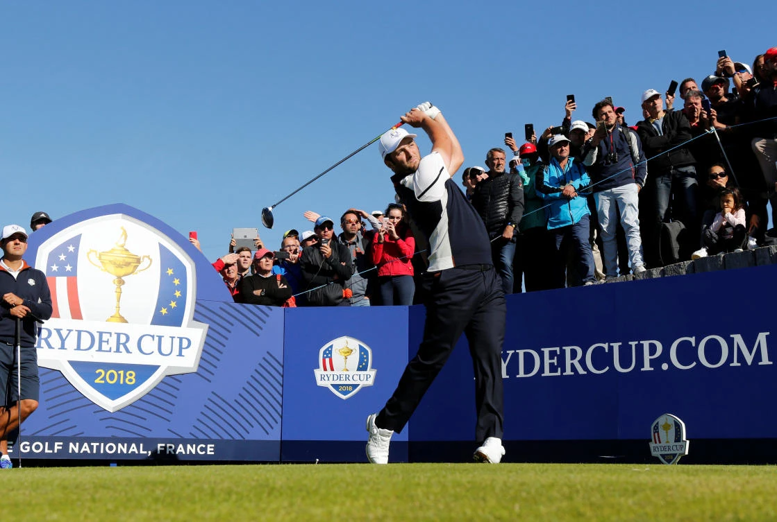 Team Europe's Jon Rahm teeing off during a practice round at Le Golf National course outside Paris ahead of the Ryder Cup. (Reuters)
