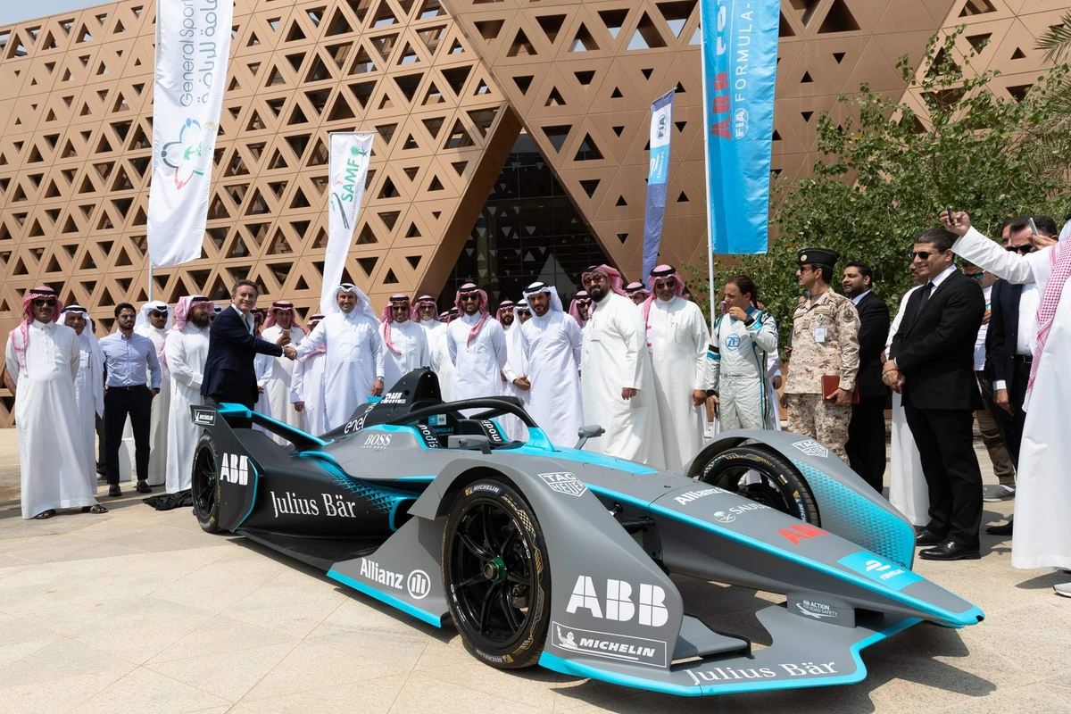 The new Gen2 Formula E car, being showcased on the sidelines of the press conference in Ad Diriyah. (Center for International Communication (CIC), Ministry of Media, Saudi Arabia)