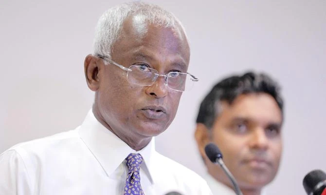 In this photo taken on September 23, 2018 presidential candidate Mohamed Solih addresses the media at the campaign headquarters in Male, the capital of the Maldives. (AFP)