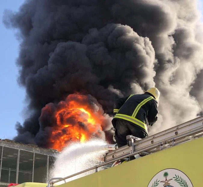 Civil defense and maintenance teams battle to put out a fire that broke out at an electricity plant in Riyadh. (Civil Defense)