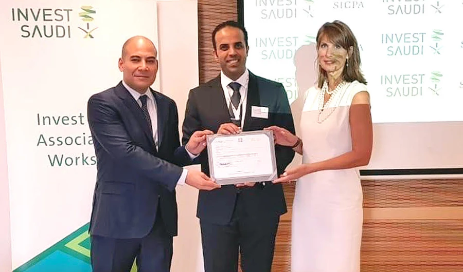 SAGIA Gov. Ibrahim Al-Omar, center, and Fady M. Jameel, deputy president, and vice chairman, Abdul Latif Jameel Co., left, during the event in Bern.