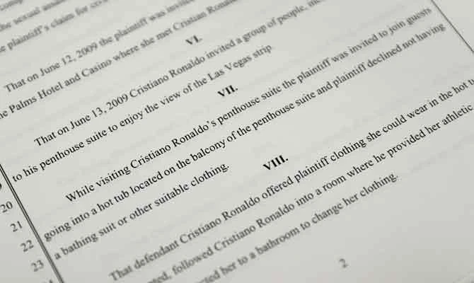 A court document lays out allegations against Cristiano Ronaldo, Monday, Oct. 1, 2018, in Las Vegas. (AP)