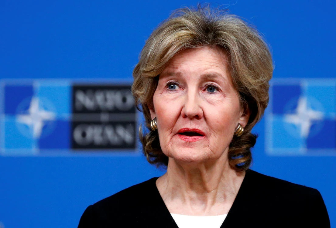 US Ambassador to NATO Kay Bailey Hutchison briefs the media ahead of a NATO defence ministers meeting at the Alliance headquarters in Brussels, Belgium, October 2, 2018. (Reuters)