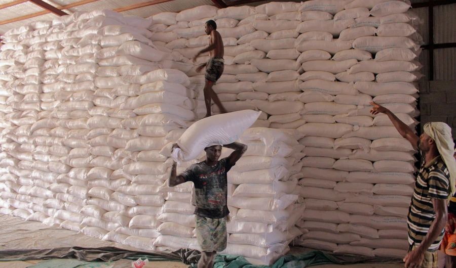 Aid worker carries a sack of flour in the northern province of Hajjah. The first draft resolution denounces a report on Yemen by the UN. (AFP)