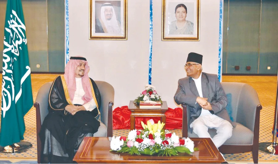 Nepalese Ambassador Dr. Mahendra Prasad Singh Rajput with Riyadh Gov. Prince Faisal bin Bandar in the capital city. (AN photo)
