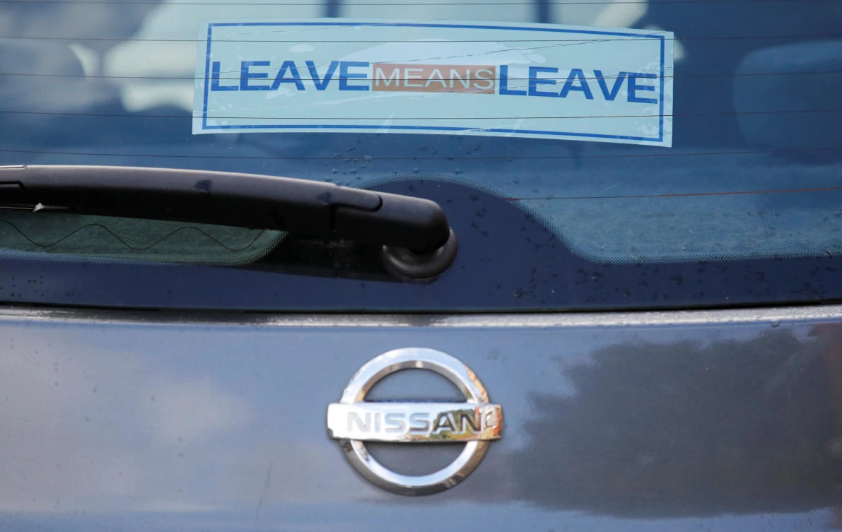 Above, a pro-Brexit sticker on a car built built by Nissan, which operates the country’s largest automotive factory. (Reuters)