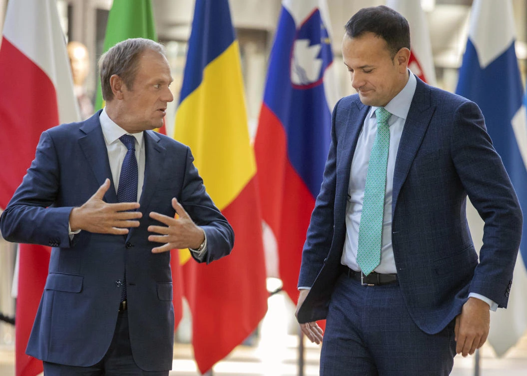 European Council President Donald Tusk, left, and Irish Prime Minister Leo Varadkar arrive before their meeting at the European Council headquarters in Brussels, Thursday, Oct. 4, 2018. (AP)