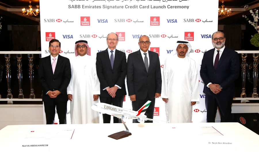 Top officials from SABB, Emirates Skywards and Visa during the launch ceremony of a co-branded credit card at Spazio, Kingdom Tower, Riyadh. (Photo/Supplied)