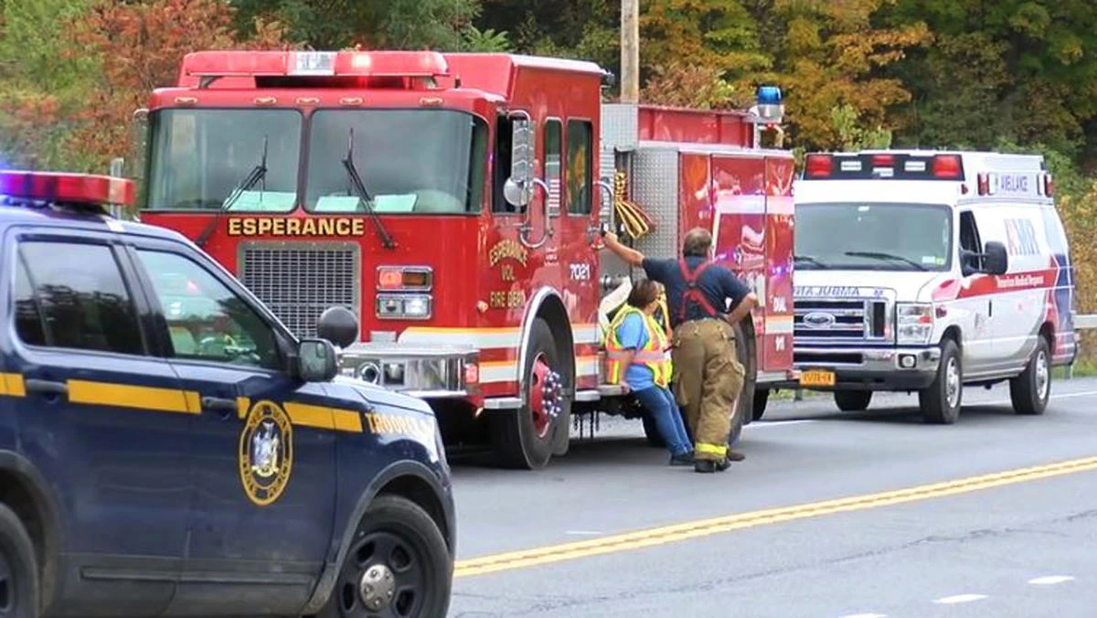 In this Saturday, Oct. 6, 2018 photo, emergency personnel respond to the scene of a deadly crash involving a limousine in Schoharie, N.Y. (AP)