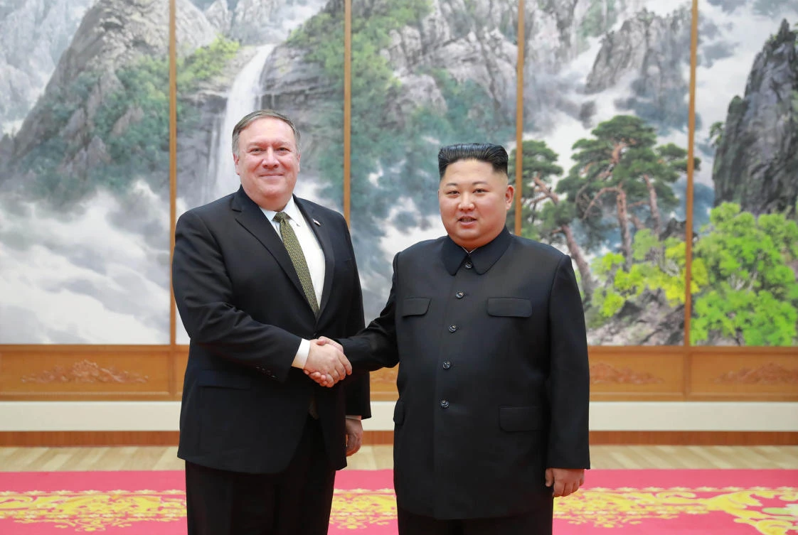US State Secretary Mike Pompeo with North Korean leader Kim Jong Un during Pompeo’s short visit to Pyongyang. (AFP/KCNA via KNS)