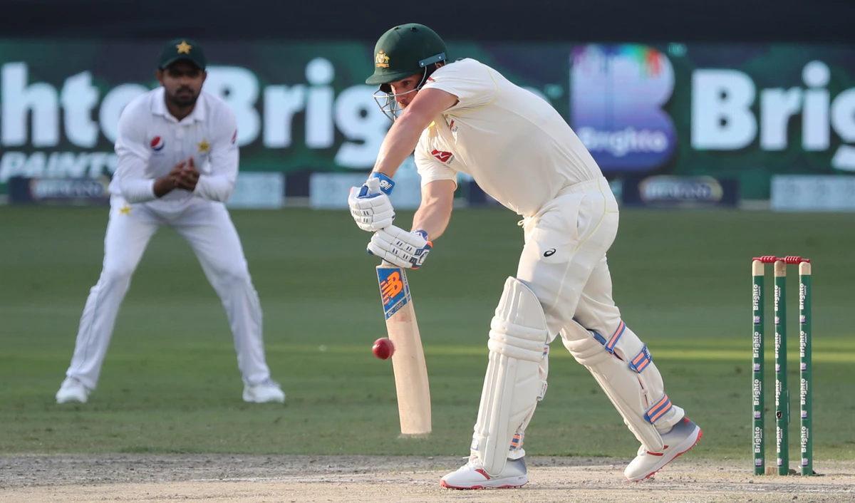 Australian cricketer Aaron Finch plays a shot during day two of the first Test match in the series between Australia and Pakistan in Dubai on Oct. 8, 2018. (AFP)