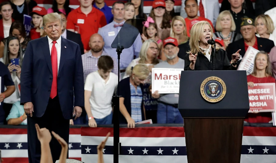 Rep. Marsha Blackburn, R-Tenn., speaks as President Donald Trump listens at a rally Monday, Oct. 1, 2018, in Johnson City, Tenn. (AP)