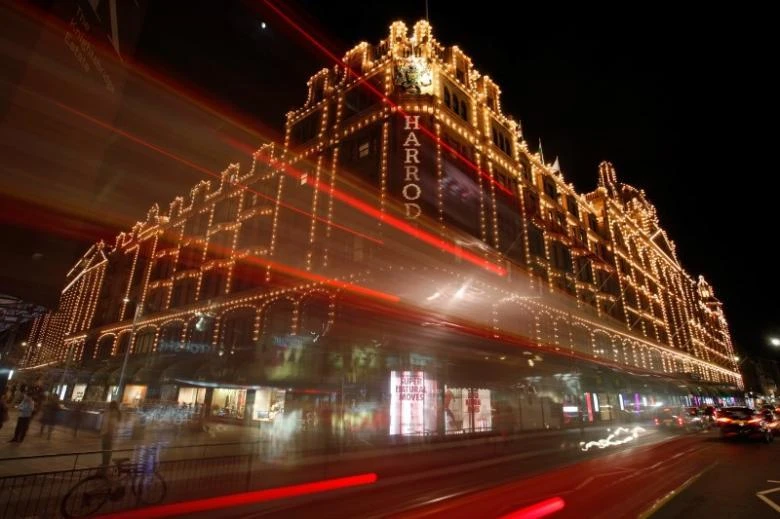 A bus passes in front of Harrods department store in Knightsbridge, central London. (Reuters)