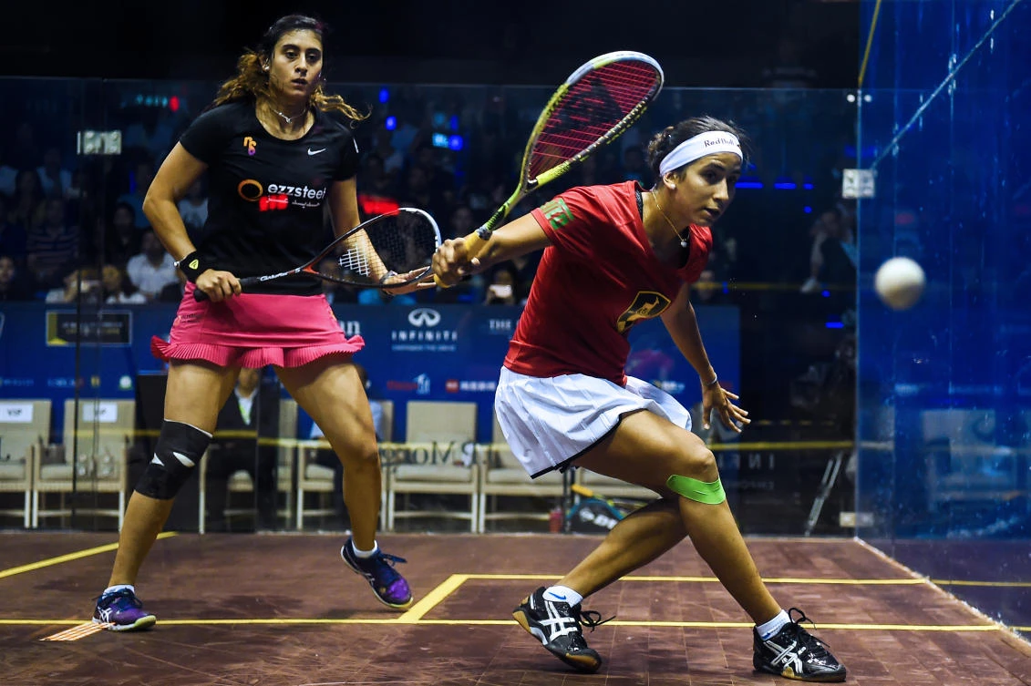 Nour El-Sherwin and Nouran Gohar (R) of Egypt are two of the biggest names in female squash, players who Al-Turki hopes will inspire Saudi youth. (AFP)