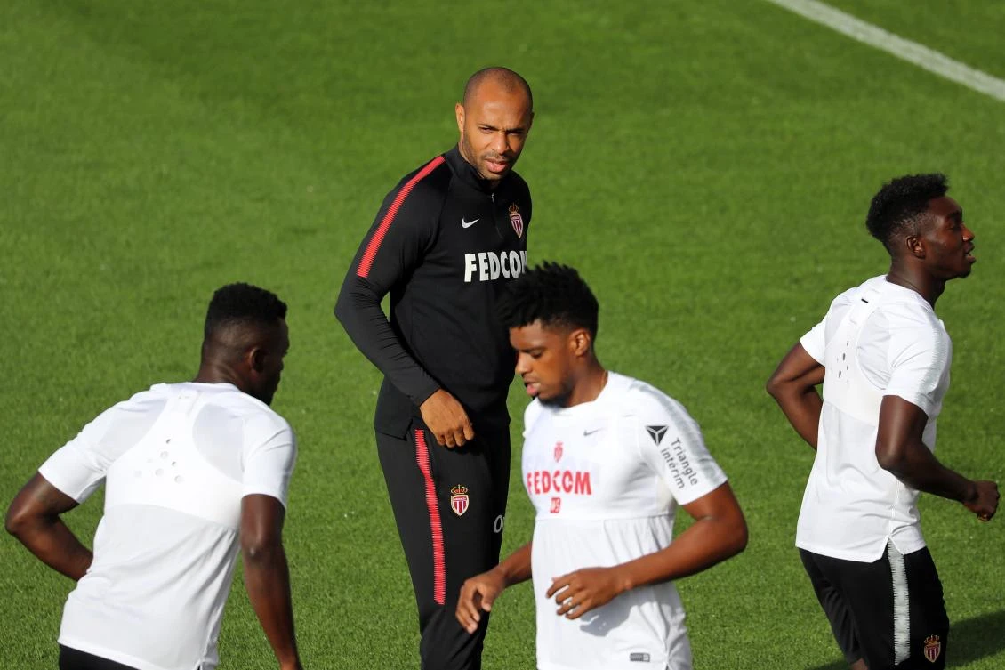 Monaco coach Thierry Henry puts his players through their paces at the club’s training facilities in La Turbie. (AFP)