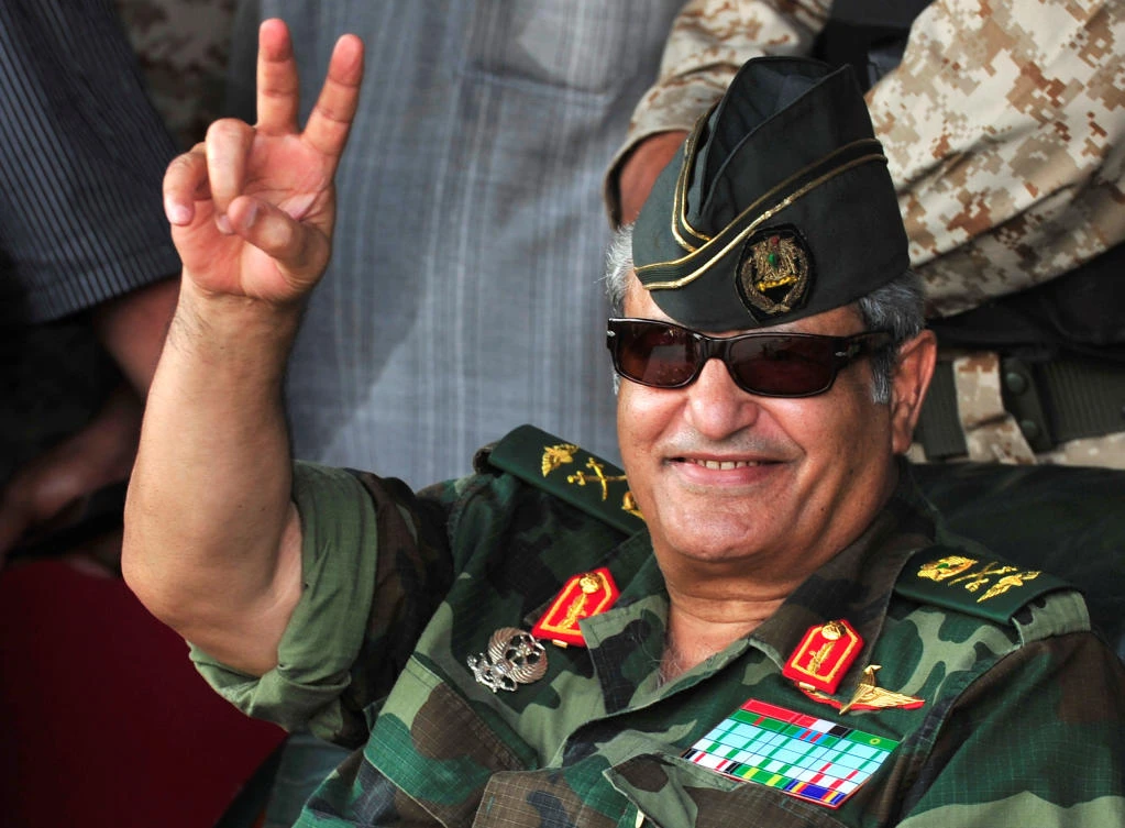Head of the rebel forces Abdel Fattah Younes gestures as he arrives at Green Square in the Kish, Benghazi July 6, 2011, to demonstrate against Muammar Gaddafi and his regime. (Reuters)