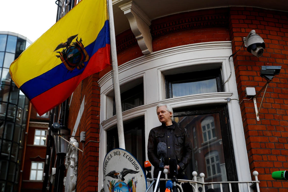 WikiLeaks founder Julian Assange on the balcony of the Ecuadorian Embassy in London. (Reuters)