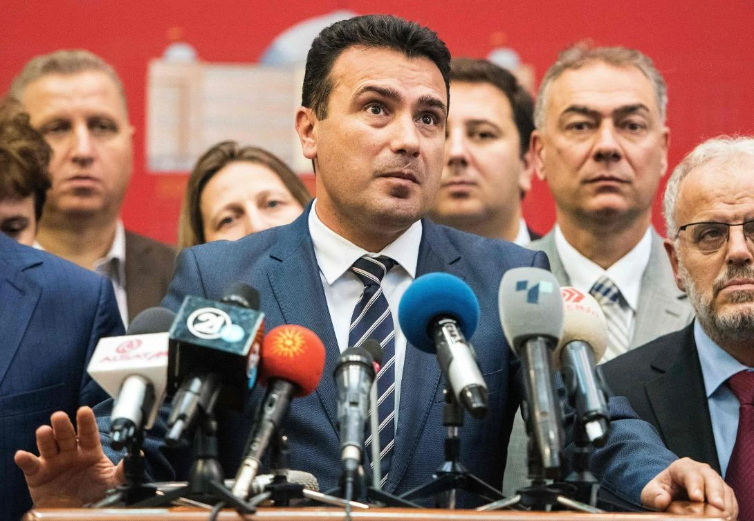 Macedonian Prime Minister Zoran Zaev gives a press conference in the Macedonian Parliament, in Skopje on October 19, 2018 after the parliament voted to start drafting constitutional amendments to rename the country North Macedonia. (AFP)