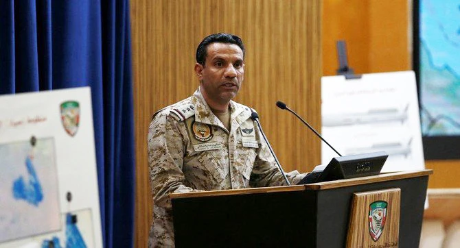 Arab Coalition Spokesman Col. Turki Al-Maliki speaks at a press conference in Riyadh. (File photo / Reuters)