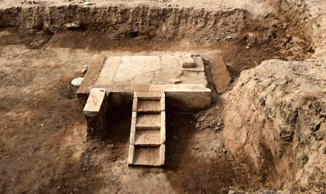 This Oct. 2018 photo released by the Egyptian Ministry of Antiquities, shows parts of a booth with a seat that belonged to Ramses II, one of the longest ruling pharaohs in antiquity, in eastern Cairo's Matariya neighborhood, Egypt. (AP)