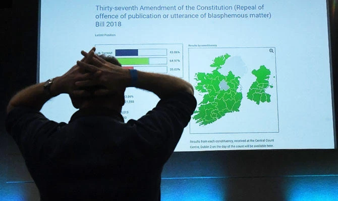A man looks at the results of the blasphemy referendum with counties highlighted in green having voted to pass the updated law in Dublin, Ireland, October 27, 2018. (REUTERS)