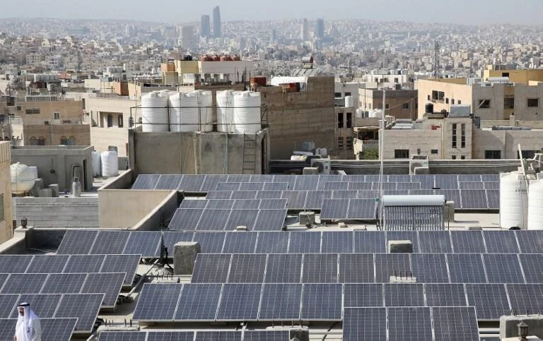 The Hamdan Al-Qara mosque in southern Amman is equipped with 140 solar panels on its roof. (AFP)