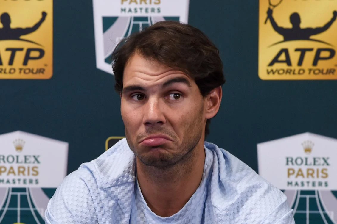 Spain's Rafael Nadal gives a press conference on day three of the Paris Masters, where he announced he would have to pull out of the tournament. (AFP)